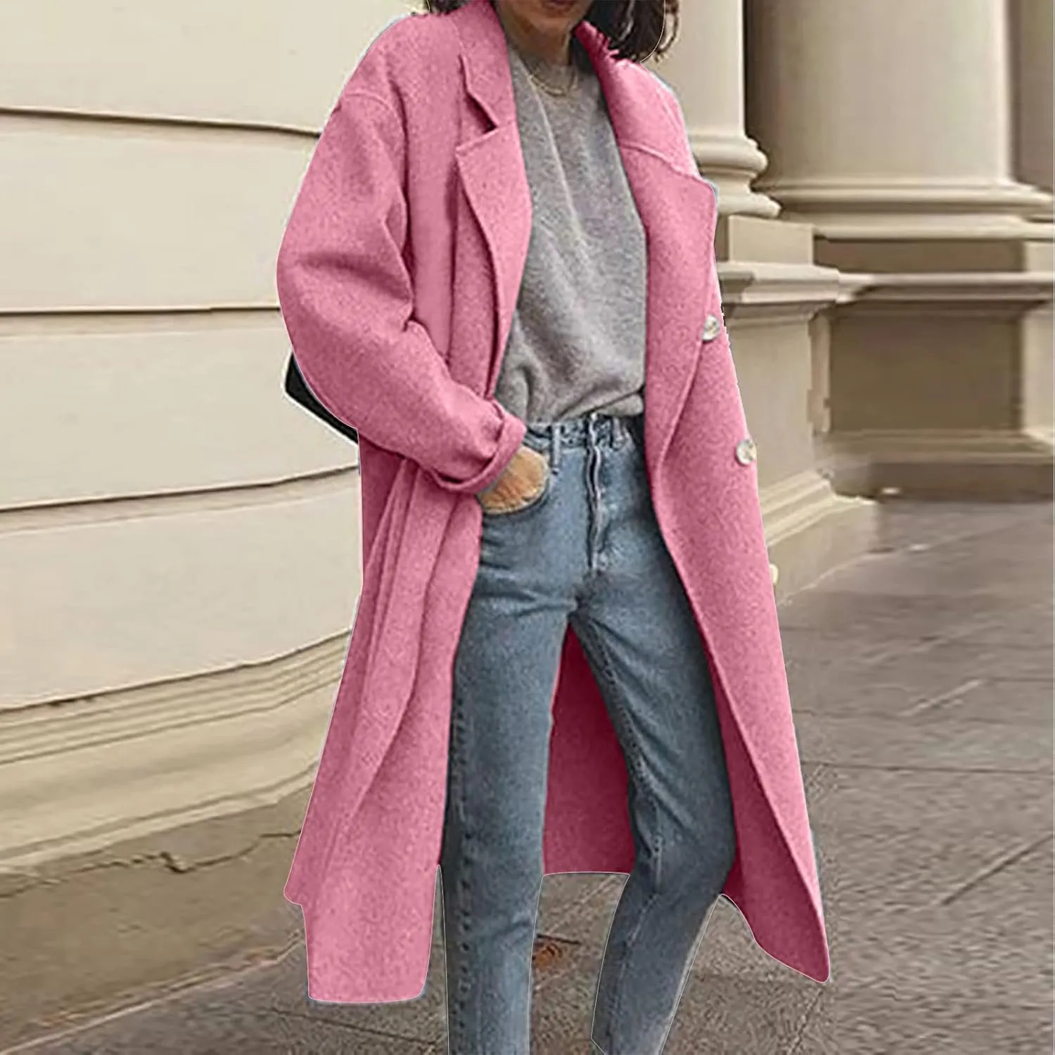 Women's Basic Designed Notch Lapel Double Breasted Mid-Long Wool Pea Coat Casual Loose Overcoats Winter Trench Coats