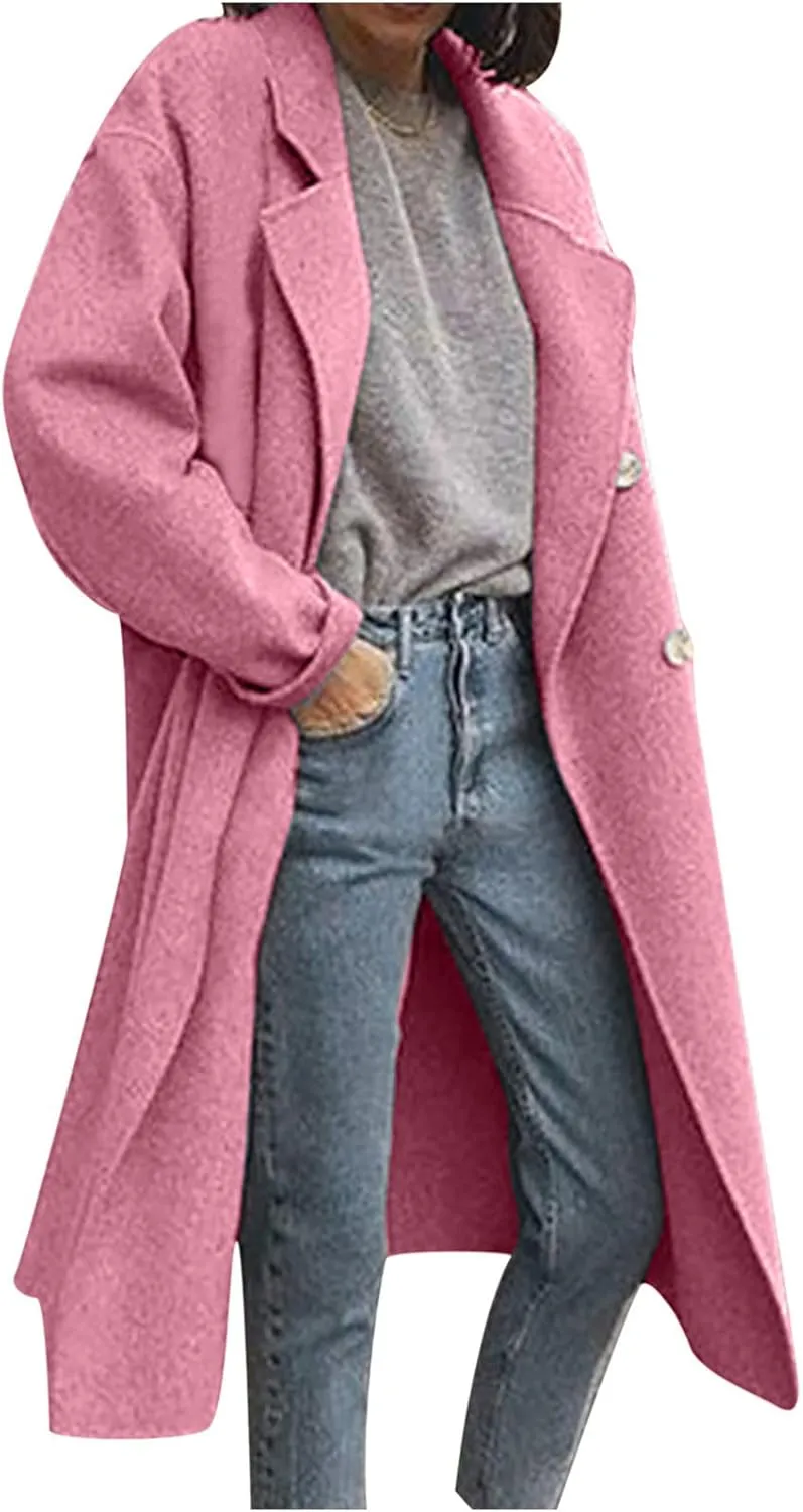 Women's Basic Designed Notch Lapel Double Breasted Mid-Long Wool Pea Coat Casual Loose Overcoats Winter Trench Coats