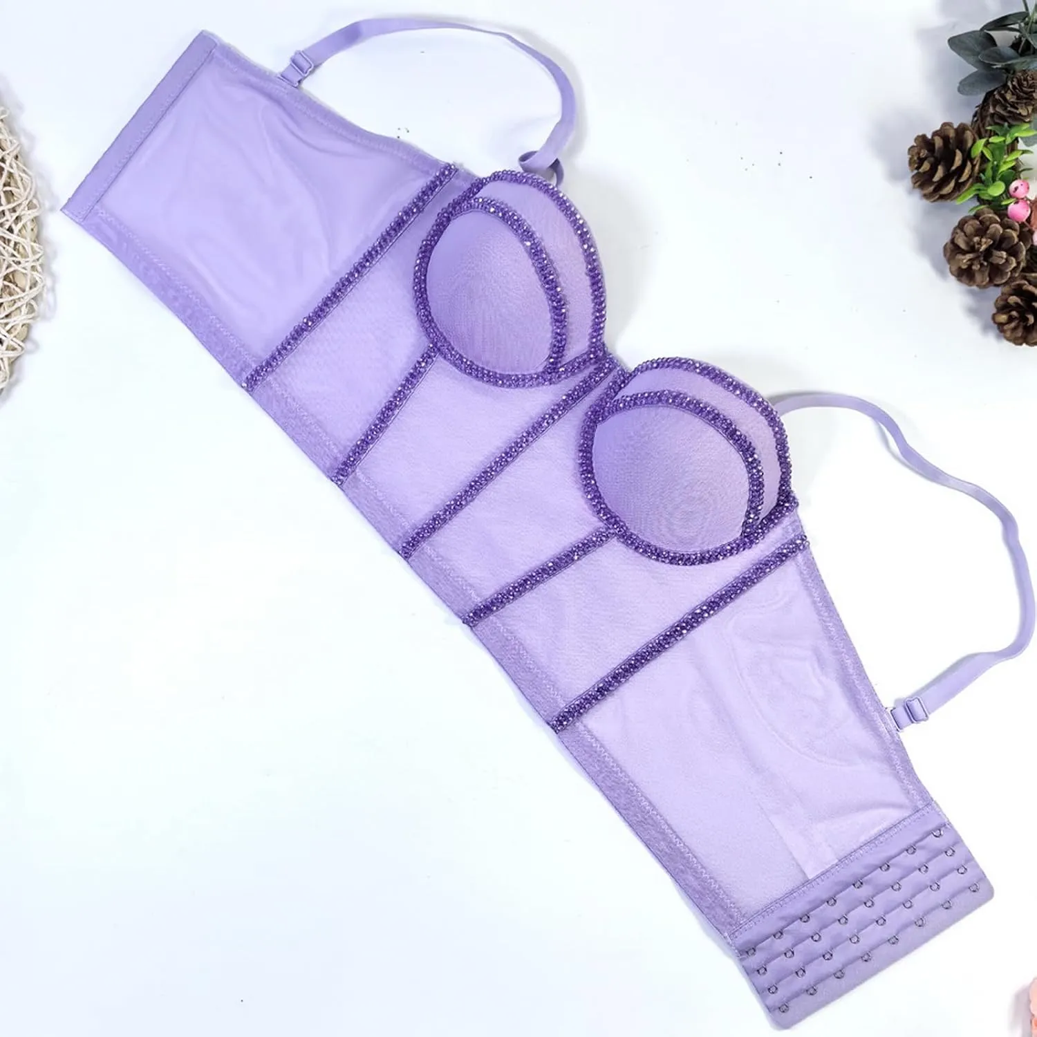 Women's Beaded Bustier Mesh Push Up Club Corset Crop Top Holiday Underwire Party Sexy Top Bra