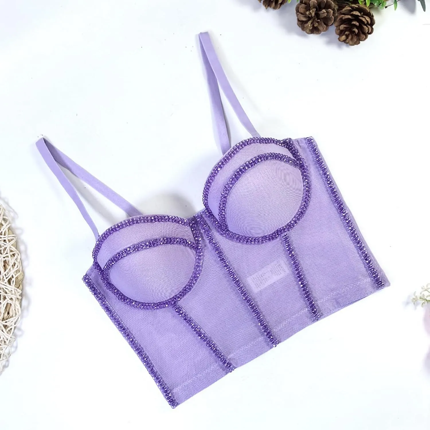 Women's Beaded Bustier Mesh Push Up Club Corset Crop Top Holiday Underwire Party Sexy Top Bra