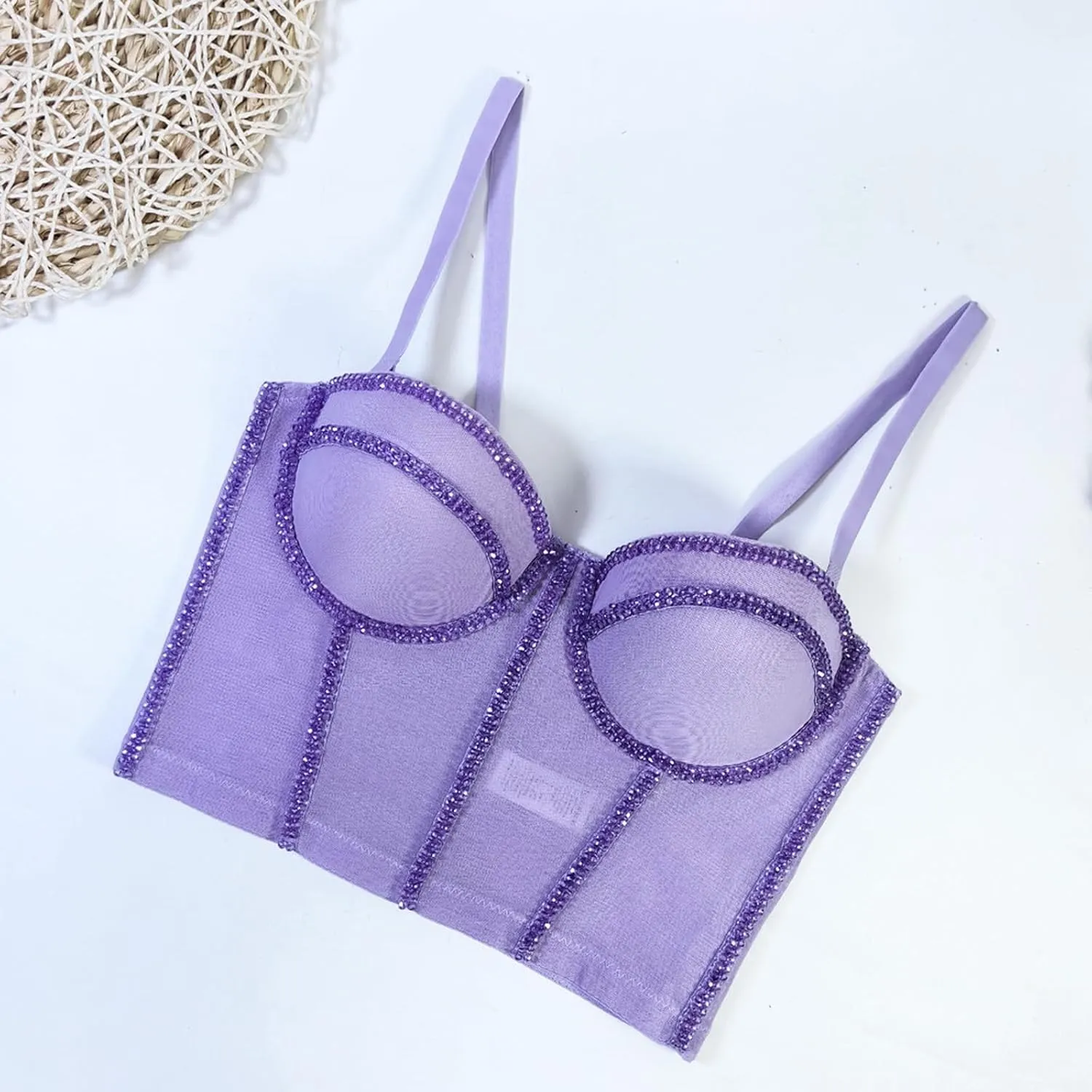 Women's Beaded Bustier Mesh Push Up Club Corset Crop Top Holiday Underwire Party Sexy Top Bra