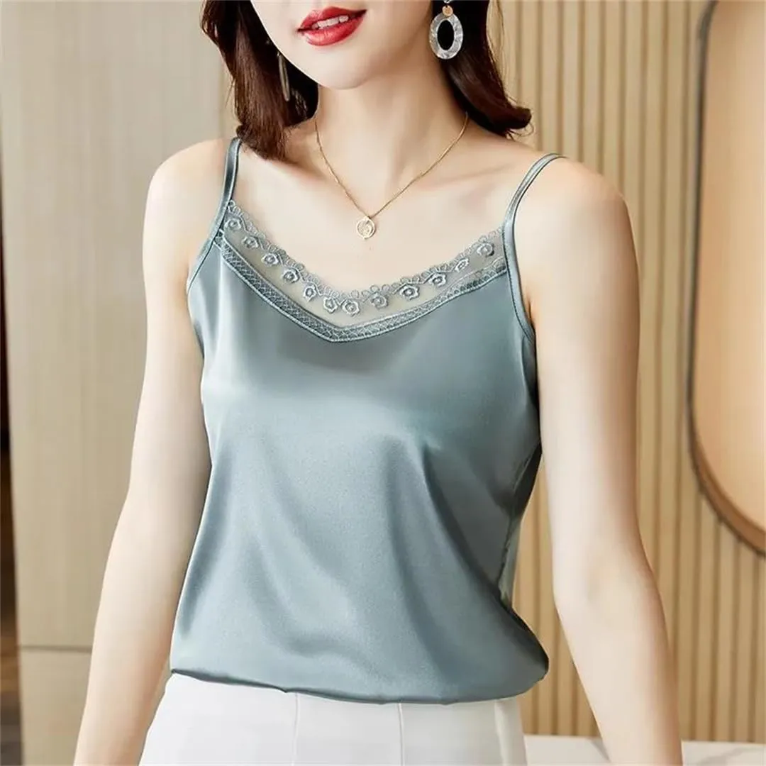 Women's Camis Top V-Neck Sexy Lace Sleeveless Suspended Tank Top Ladies Backless Satin Camisole Vest