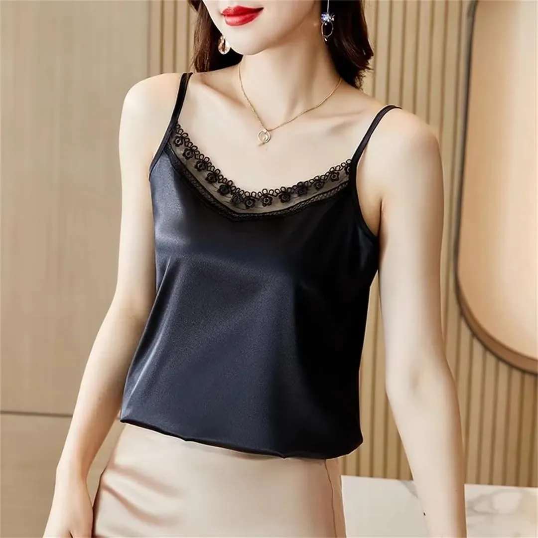 Women's Camis Top V-Neck Sexy Lace Sleeveless Suspended Tank Top Ladies Backless Satin Camisole Vest