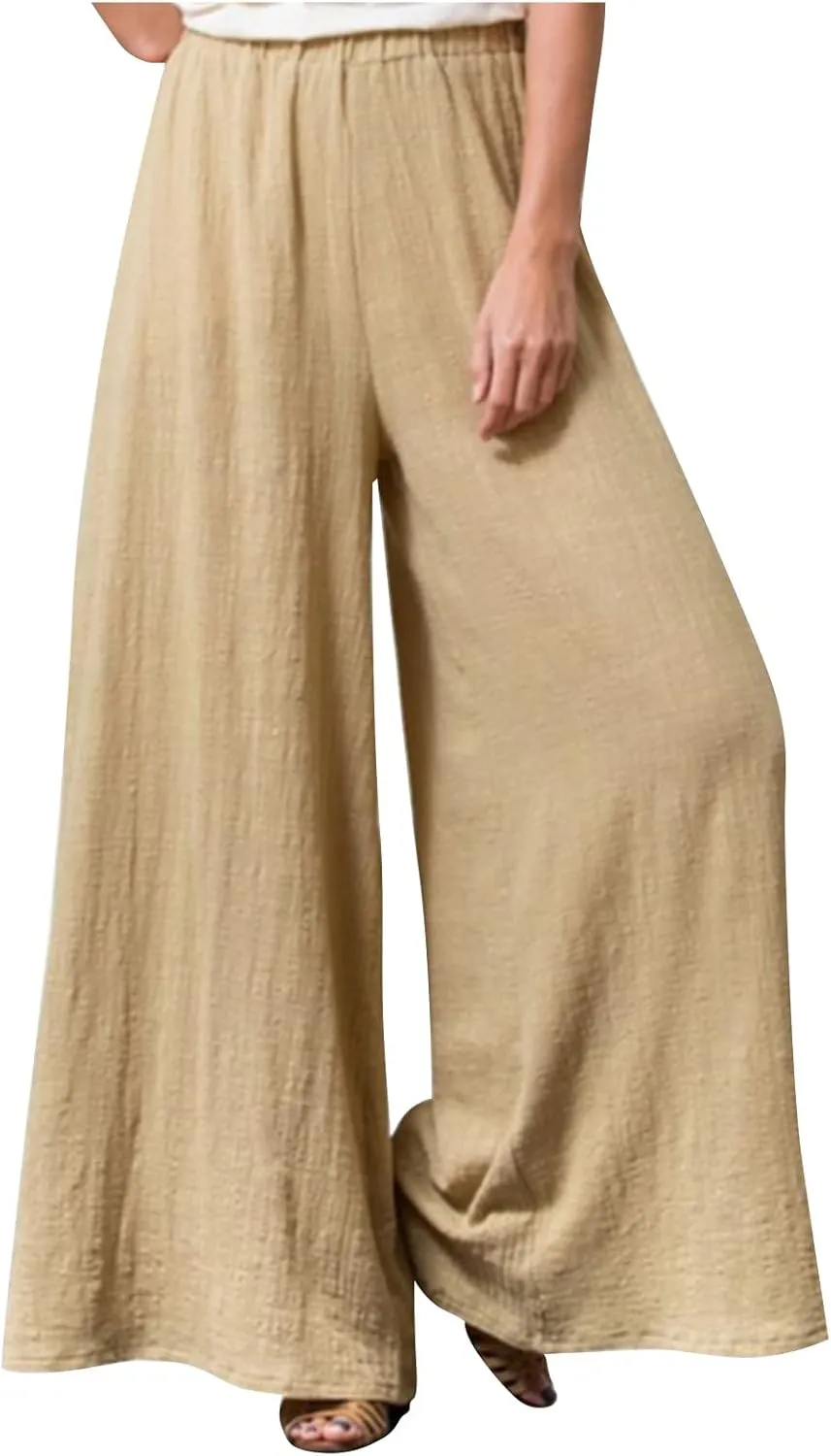 Women's Casual Cotton Linen Wide Leg Baggy Pants with Elastic Waist Relax Fit Lantern Trouser Casual Loose Trousers