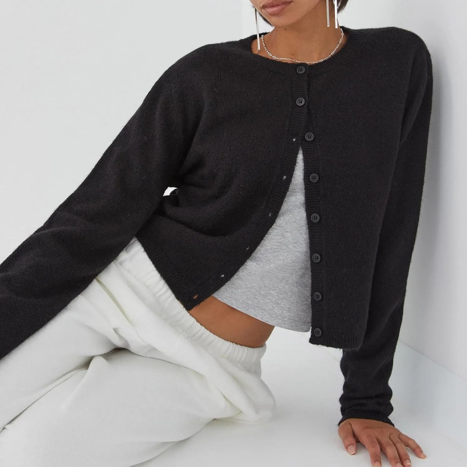 Women's Casual Crop Knit Cardigan Y2K Cute Long Sleeve Crewneck Open Front Button Down Cardigan Sweaters Streetwear