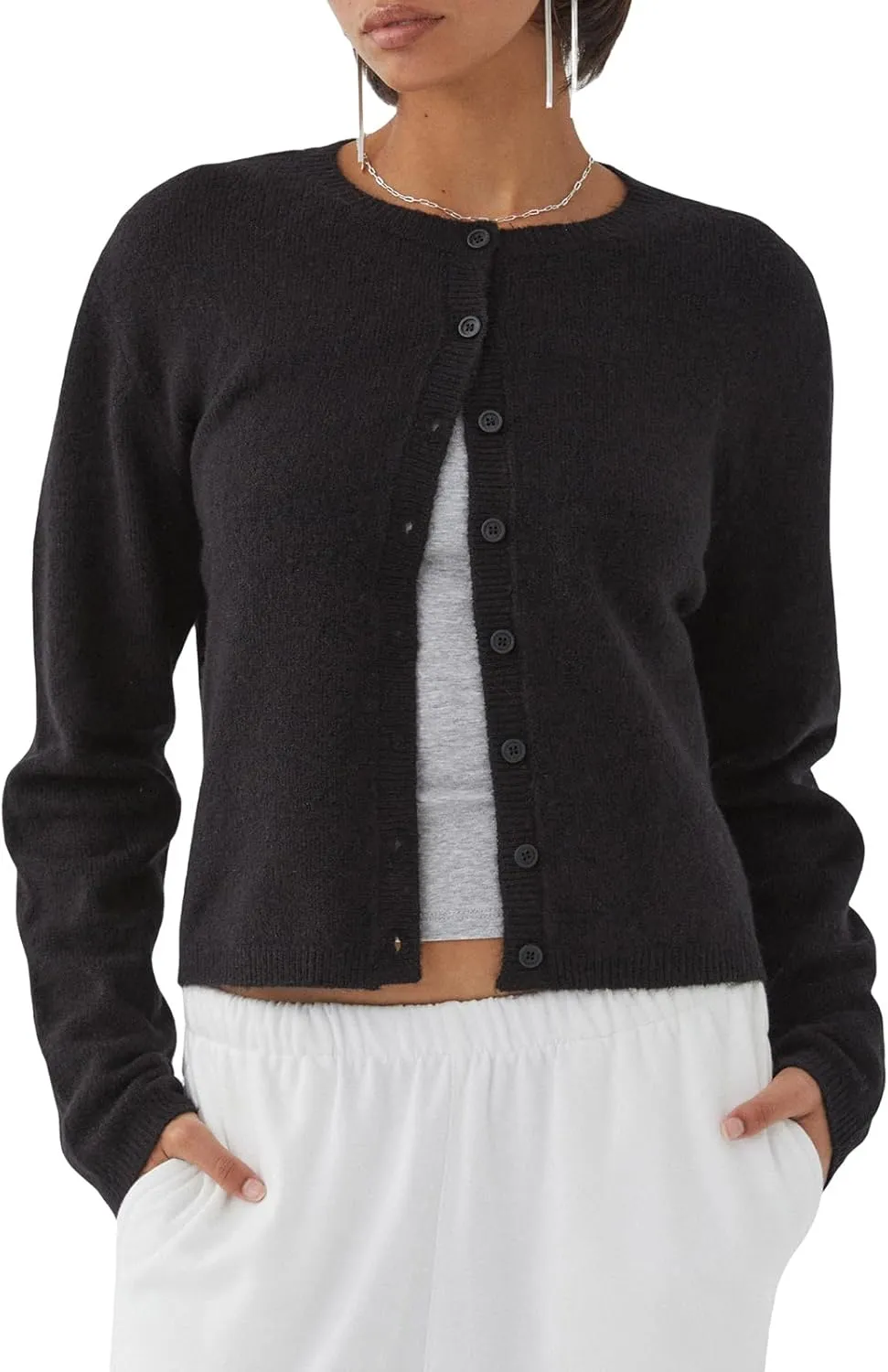 Women's Casual Crop Knit Cardigan Y2K Cute Long Sleeve Crewneck Open Front Button Down Cardigan Sweaters Streetwear