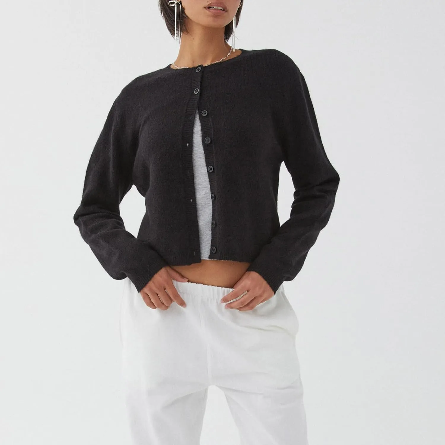 Women's Casual Crop Knit Cardigan Y2K Cute Long Sleeve Crewneck Open Front Button Down Cardigan Sweaters Streetwear