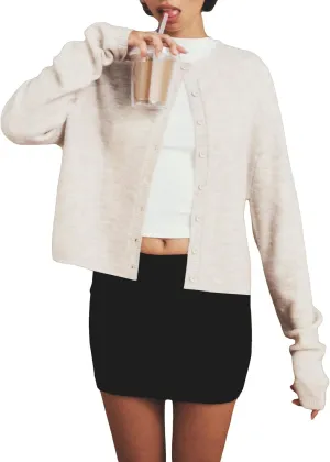 Women's Casual Crop Knit Cardigan Y2K Cute Long Sleeve Crewneck Open Front Button Down Cardigan Sweaters Streetwear