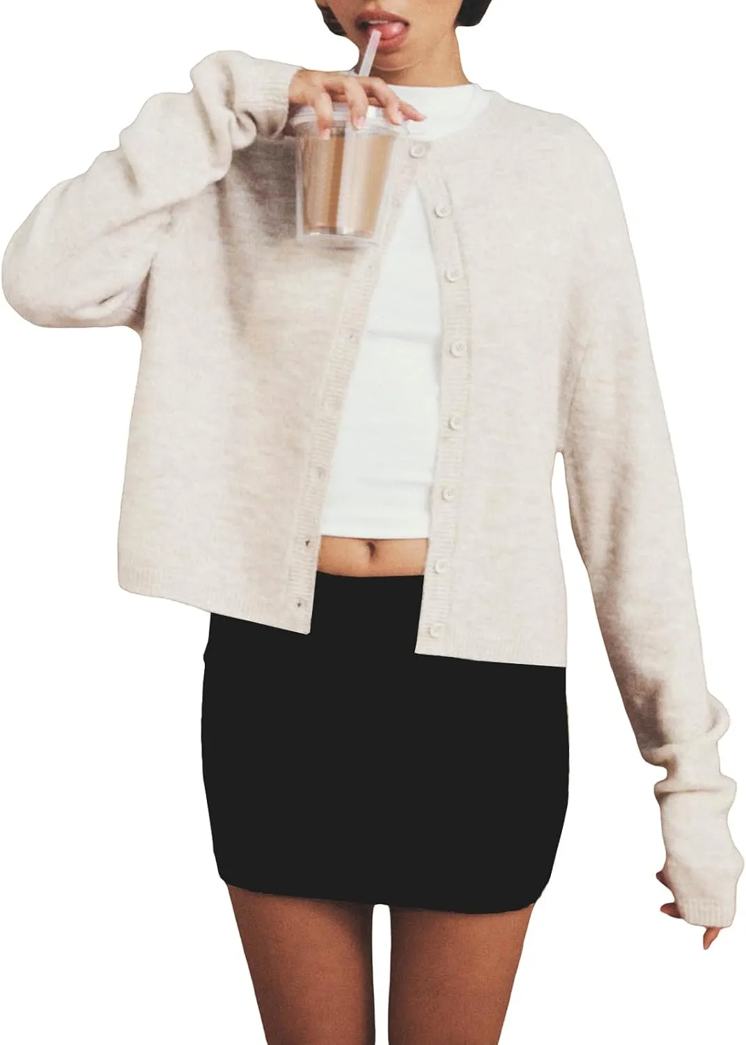 Women's Casual Crop Knit Cardigan Y2K Cute Long Sleeve Crewneck Open Front Button Down Cardigan Sweaters Streetwear