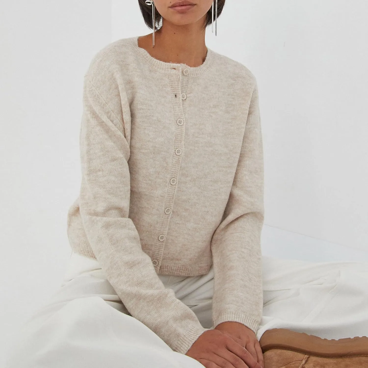 Women's Casual Crop Knit Cardigan Y2K Cute Long Sleeve Crewneck Open Front Button Down Cardigan Sweaters Streetwear