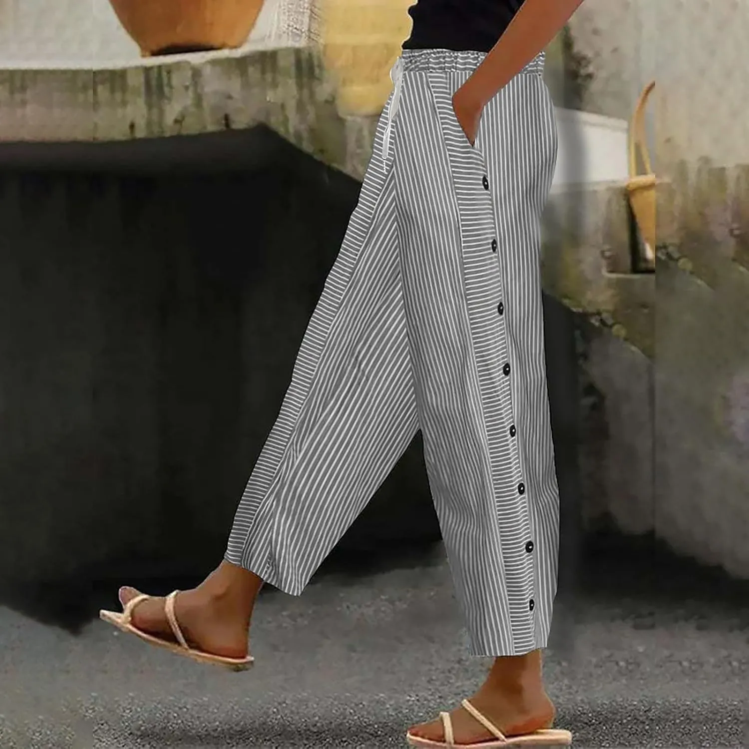 Women's Casual Linen Pants Striped Side Button Elastic Waist Trendy Pants Straight Leg Baggy Trousers with Pockets