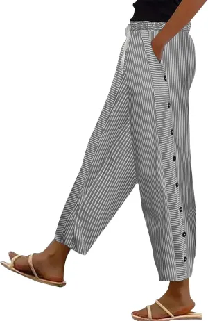 Women's Casual Linen Pants Striped Side Button Elastic Waist Trendy Pants Straight Leg Baggy Trousers with Pockets