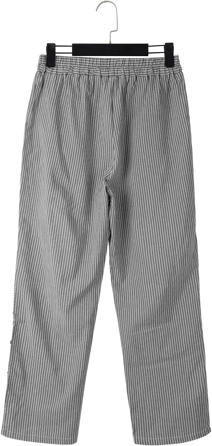 Women's Casual Linen Pants Striped Side Button Elastic Waist Trendy Pants Straight Leg Baggy Trousers with Pockets