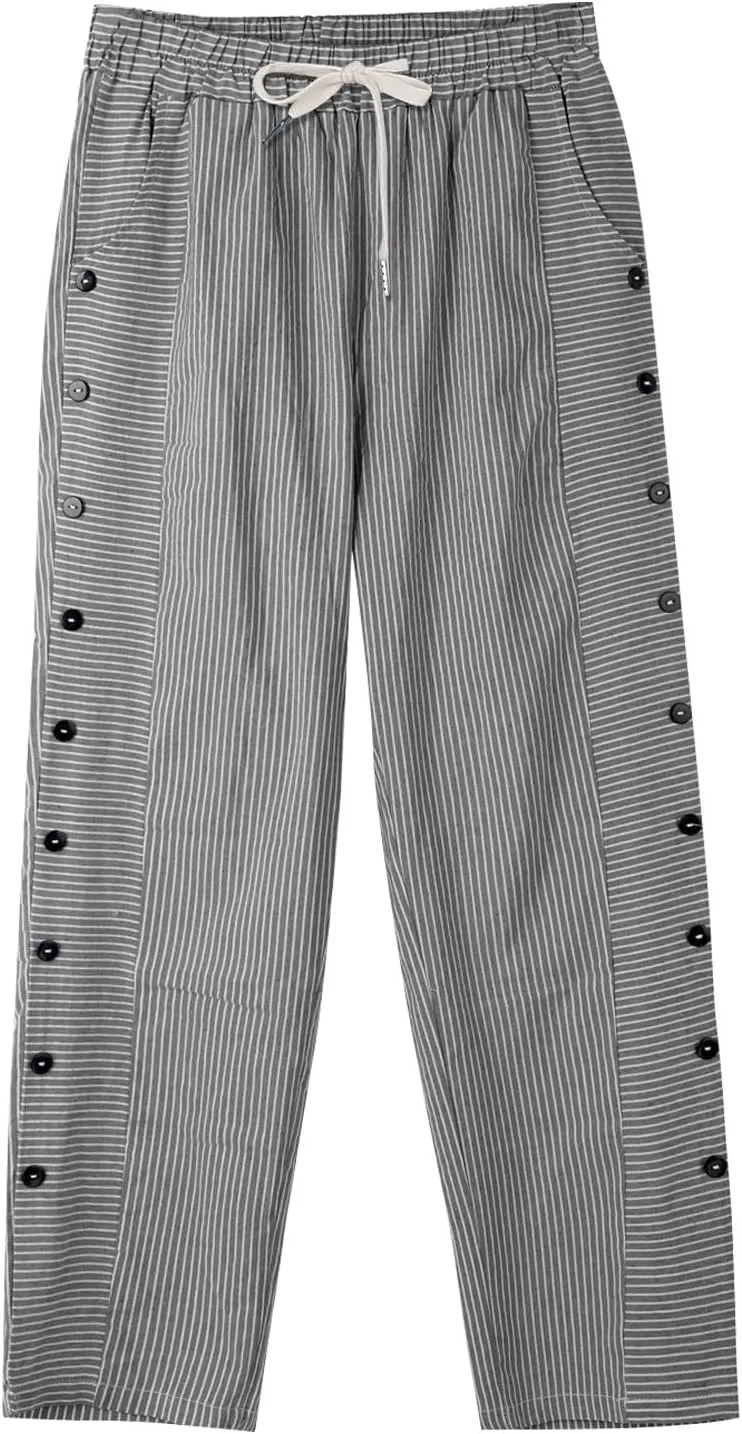 Women's Casual Linen Pants Striped Side Button Elastic Waist Trendy Pants Straight Leg Baggy Trousers with Pockets
