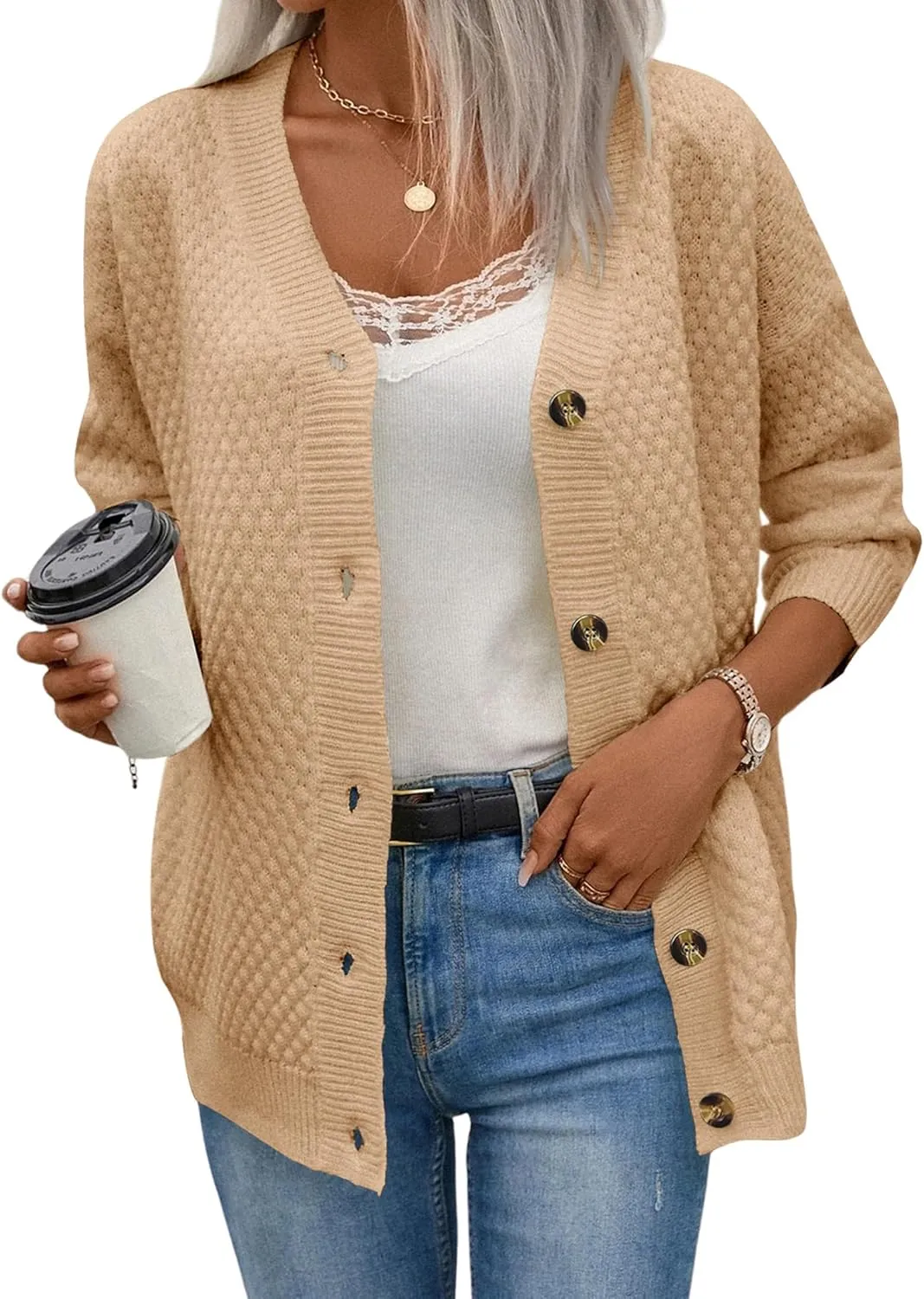 Women's Casual Long Sleeve Open Front Cardigan Sweaters Button Down Solid Loose Knit Sweaters