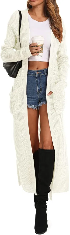 Womens Casual Long Sleeve Split Open Cardigan Knit Long Cardigan Sweaters with Pockets Fall Fashion 2024