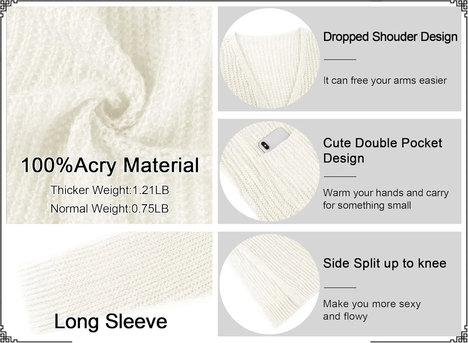 Womens Casual Long Sleeve Split Open Cardigan Knit Long Cardigan Sweaters with Pockets Fall Fashion 2024
