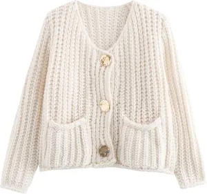 Womens Chunky Knit Cardigan Sweaters Long Sleeve Open Front Button Kitted Fall Jackets Coats