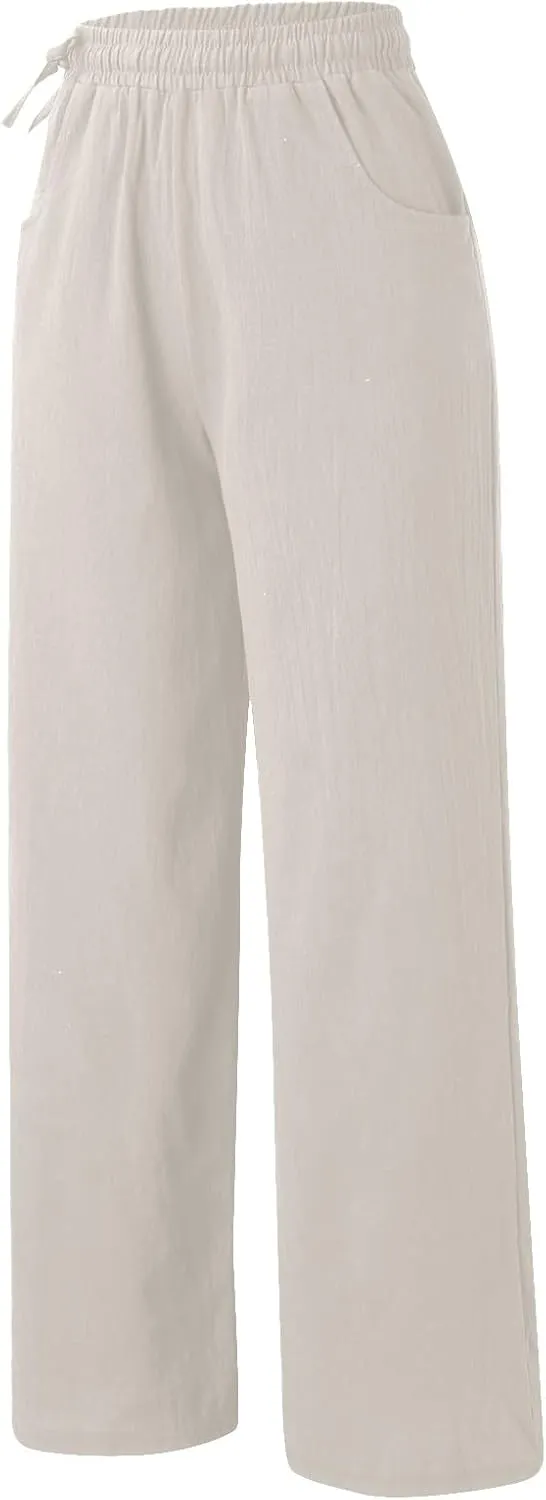 Womens Cotton Linen Palazzo Pants Summer Lightweight Elastic Waist Casual Wide Leg Trousers with Pockets