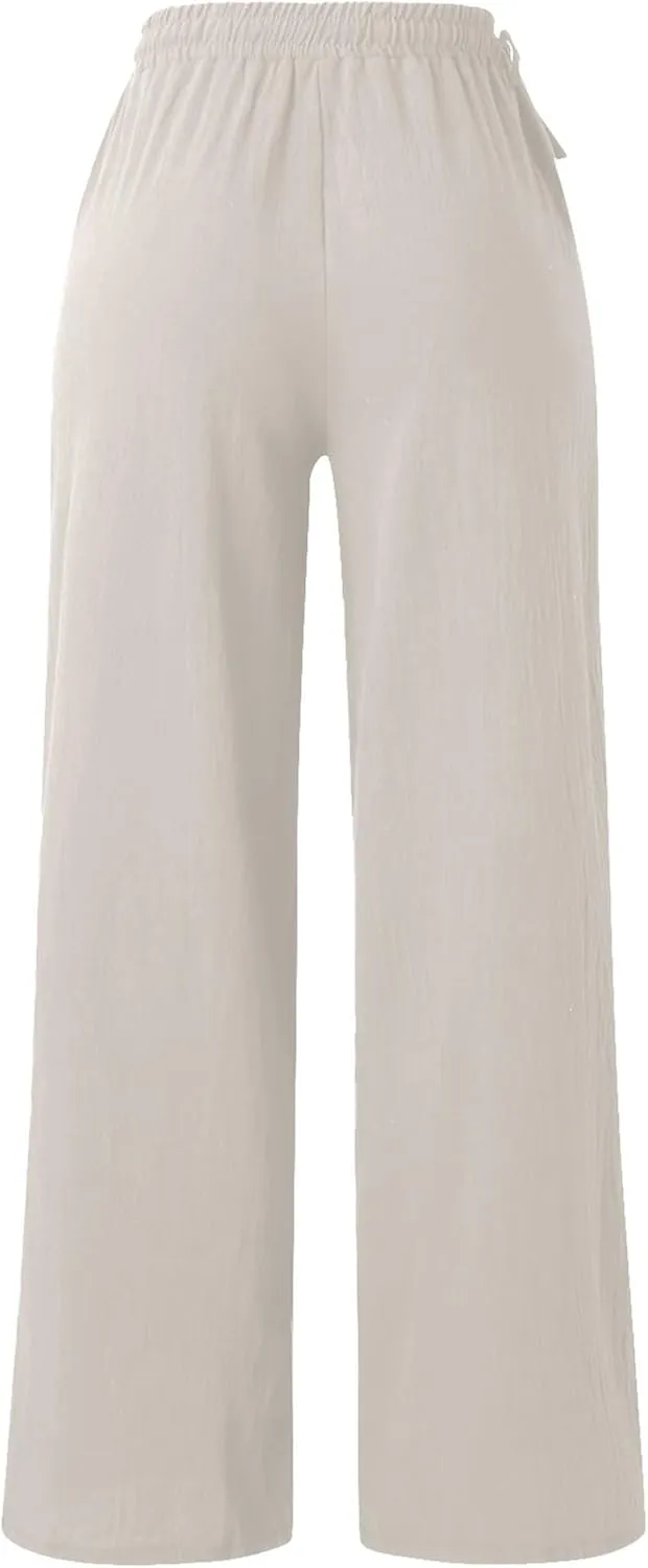 Womens Cotton Linen Palazzo Pants Summer Lightweight Elastic Waist Casual Wide Leg Trousers with Pockets