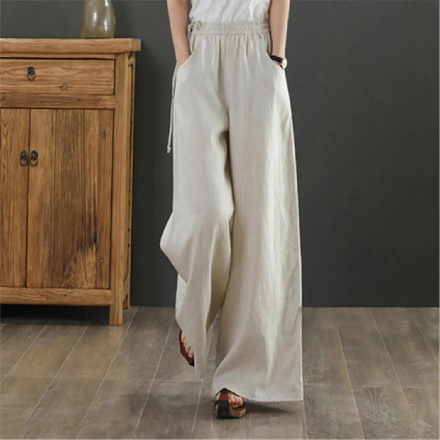 Womens Cotton Linen Palazzo Pants Summer Lightweight Elastic Waist Casual Wide Leg Trousers with Pockets
