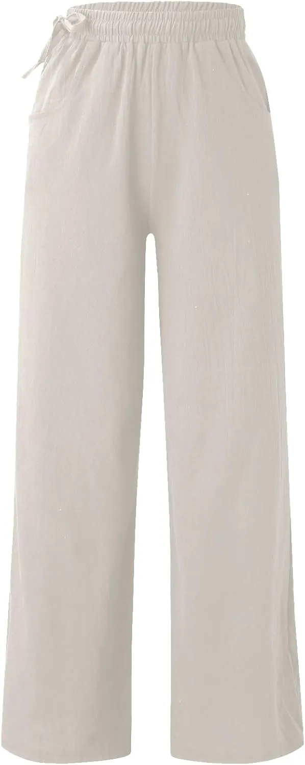 Womens Cotton Linen Palazzo Pants Summer Lightweight Elastic Waist Casual Wide Leg Trousers with Pockets