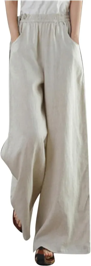 Womens Cotton Linen Palazzo Pants Summer Lightweight Elastic Waist Casual Wide Leg Trousers with Pockets