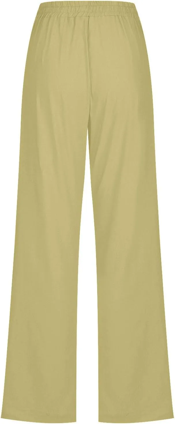 Womens Cotton Linen Pants Drawstring High Waist Pants Relax Fit Casual Pants 2025 Summer Beach Trousers with Pockets