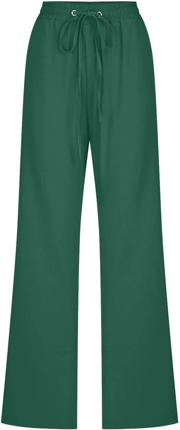 Womens Cotton Linen Pants Drawstring High Waist Pants Relax Fit Casual Pants 2025 Summer Beach Trousers with Pockets