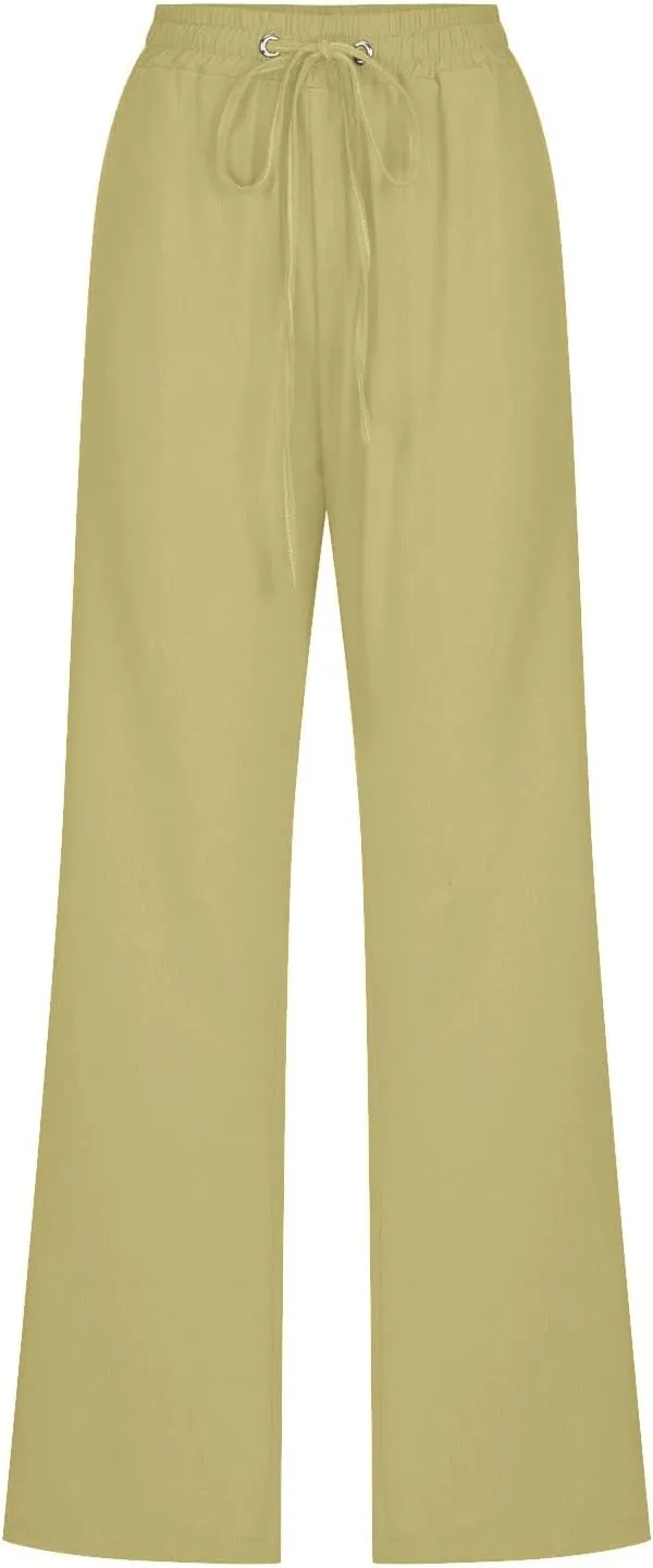 Womens Cotton Linen Pants Drawstring High Waist Pants Relax Fit Casual Pants 2025 Summer Beach Trousers with Pockets