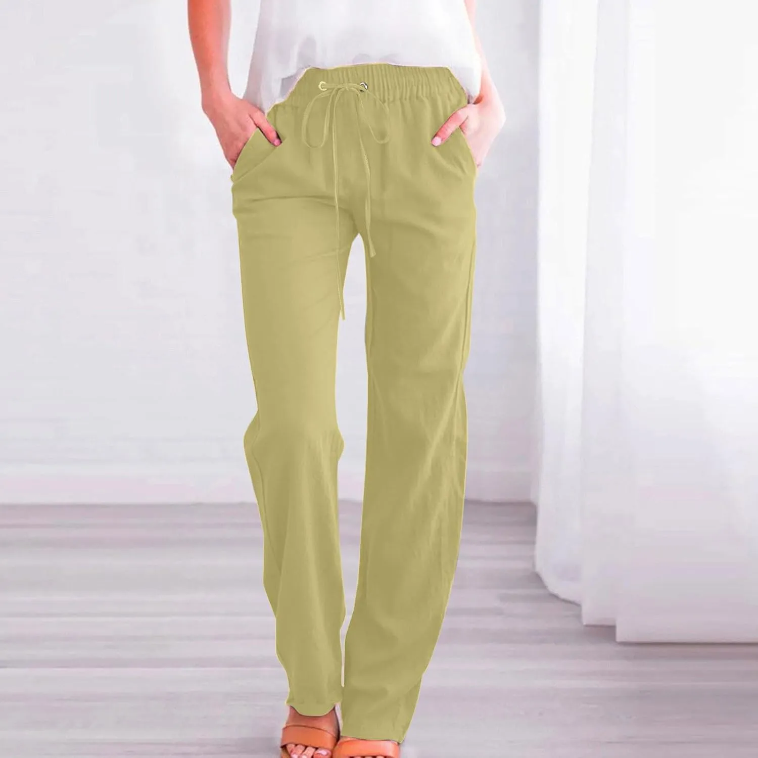 Womens Cotton Linen Pants Drawstring High Waist Pants Relax Fit Casual Pants 2025 Summer Beach Trousers with Pockets