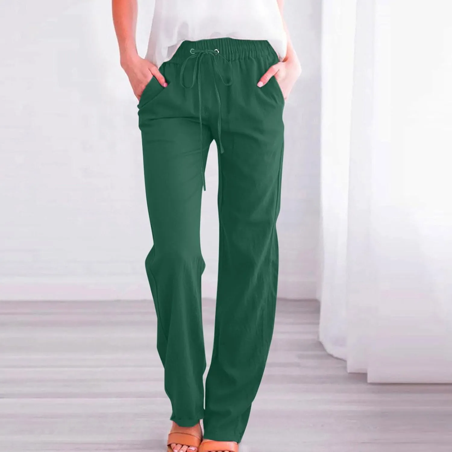 Womens Cotton Linen Pants Drawstring High Waist Pants Relax Fit Casual Pants 2025 Summer Beach Trousers with Pockets