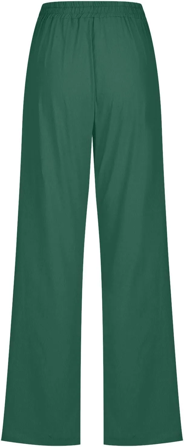 Womens Cotton Linen Pants Drawstring High Waist Pants Relax Fit Casual Pants 2025 Summer Beach Trousers with Pockets