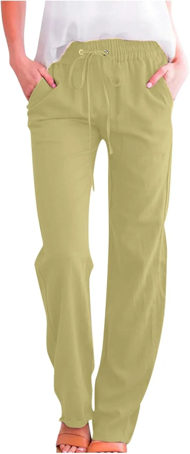 Womens Cotton Linen Pants Drawstring High Waist Pants Relax Fit Casual Pants 2025 Summer Beach Trousers with Pockets