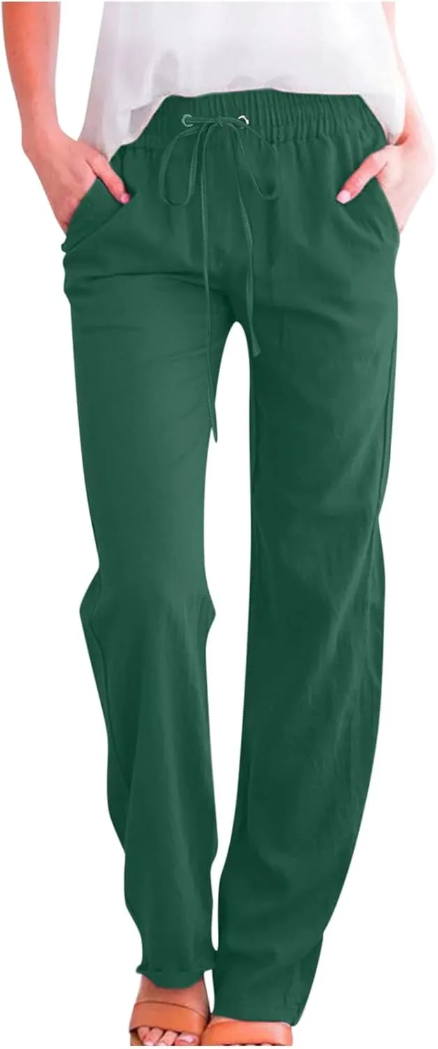 Womens Cotton Linen Pants Drawstring High Waist Pants Relax Fit Casual Pants 2025 Summer Beach Trousers with Pockets