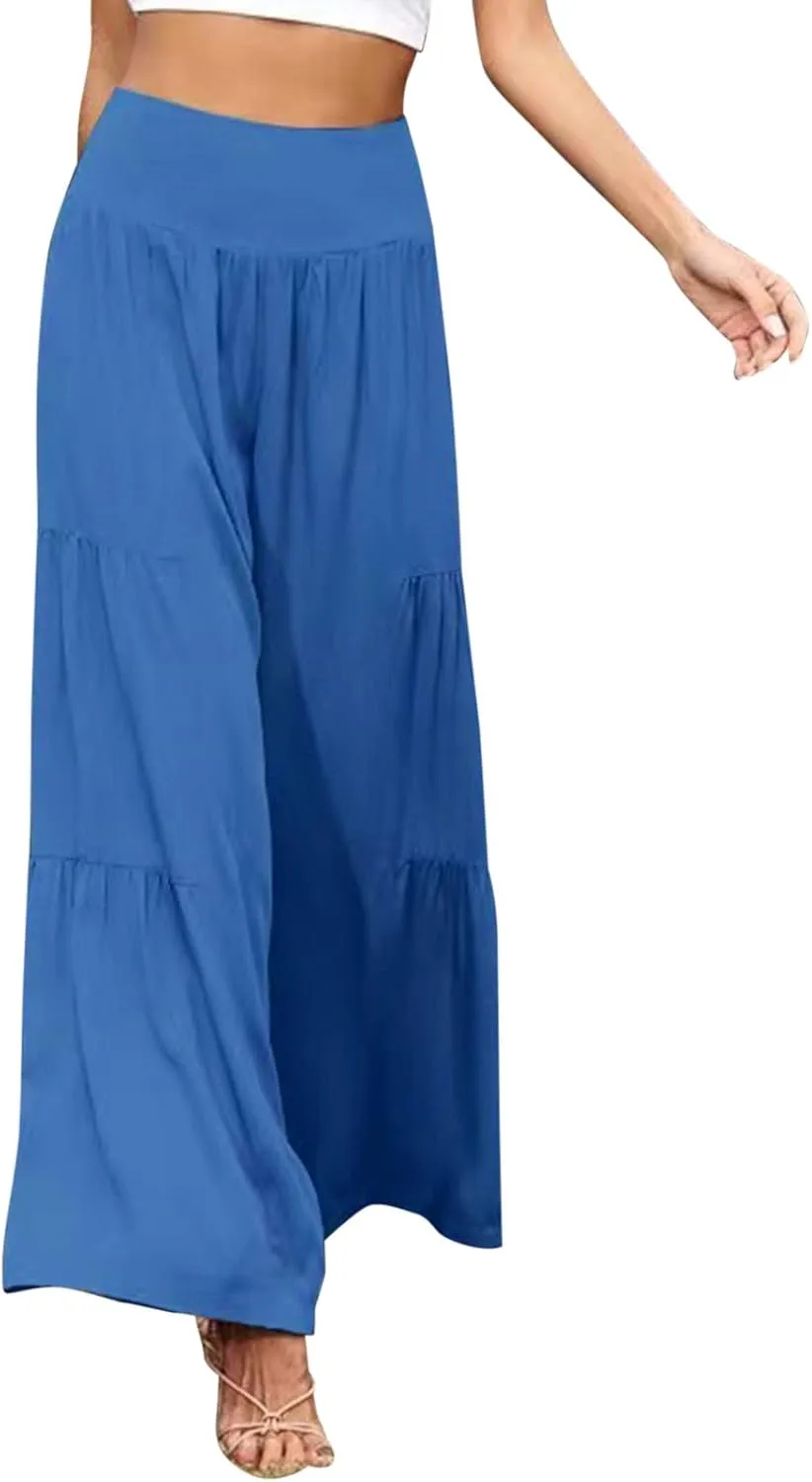 Womens Cotton Linen Pants Elastic High Waist Loose Fit Wide Leg Trousers 2025 Summer Casual Trendy Beach Pants