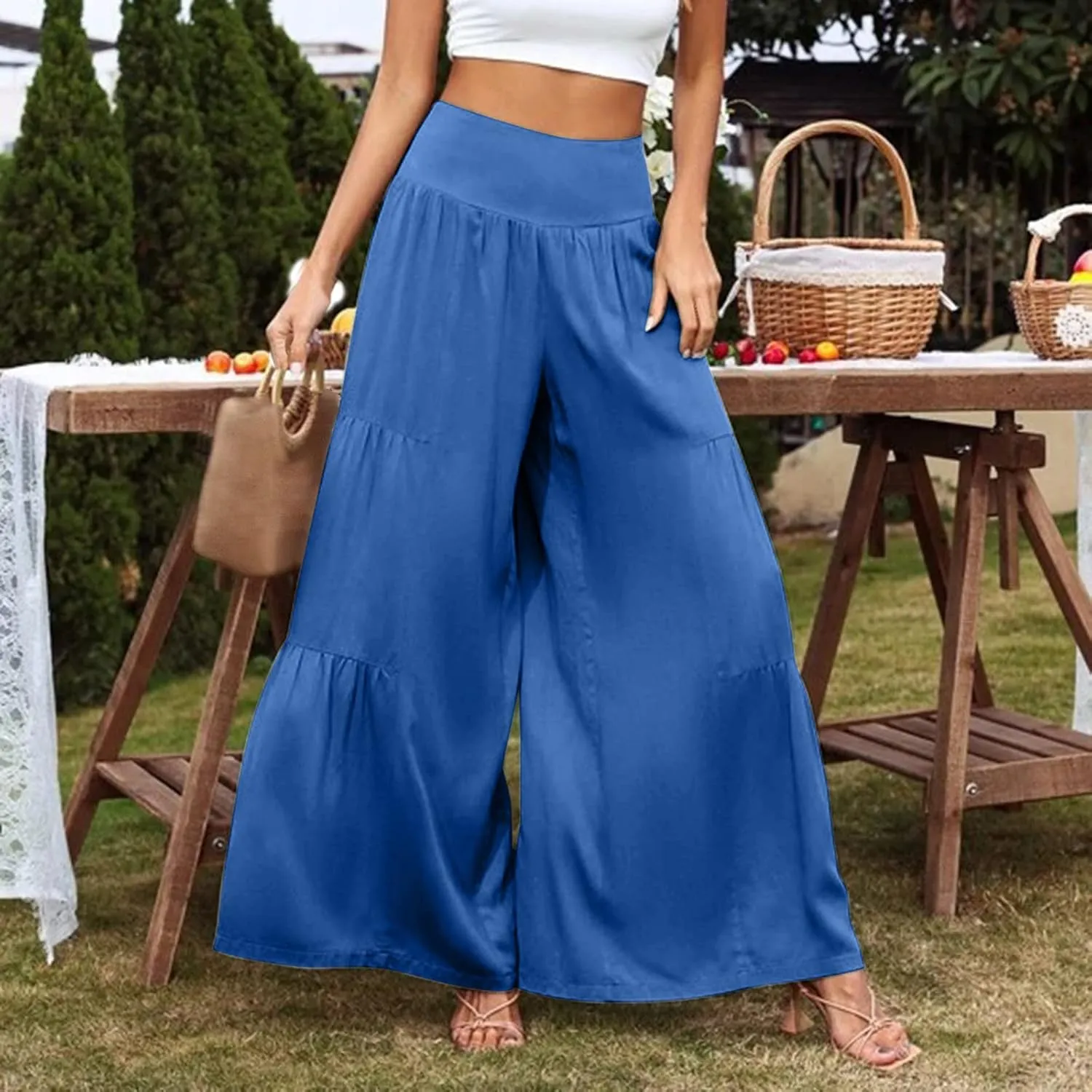 Womens Cotton Linen Pants Elastic High Waist Loose Fit Wide Leg Trousers 2025 Summer Casual Trendy Beach Pants