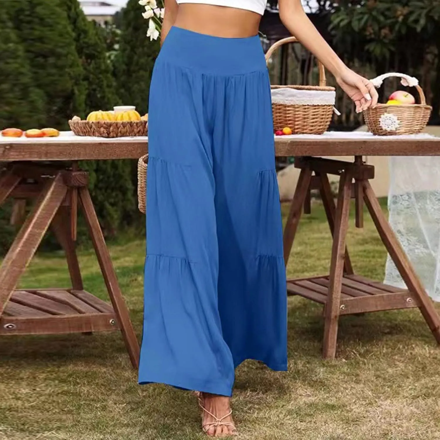 Womens Cotton Linen Pants Elastic High Waist Loose Fit Wide Leg Trousers 2025 Summer Casual Trendy Beach Pants