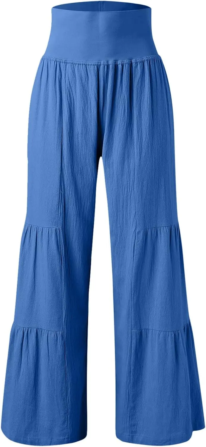 Womens Cotton Linen Pants Elastic High Waist Loose Fit Wide Leg Trousers 2025 Summer Casual Trendy Beach Pants