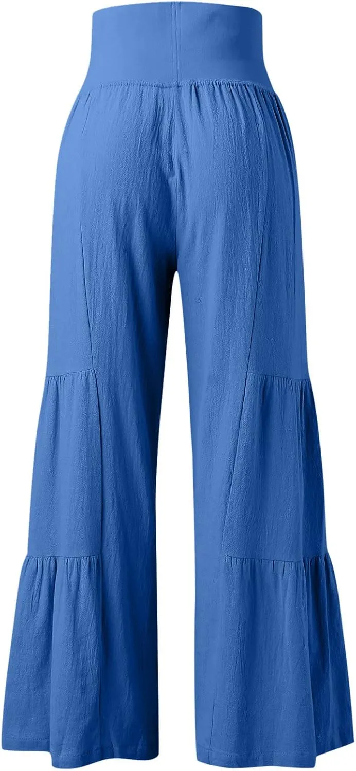 Womens Cotton Linen Pants Elastic High Waist Loose Fit Wide Leg Trousers 2025 Summer Casual Trendy Beach Pants