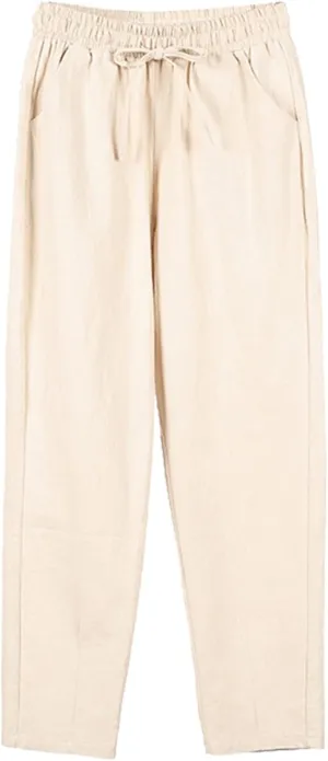 Women's Cotton Linen Pants High Waisted Drawstring Straight Leg Pants Summer Casual Long Trousers with Pockets