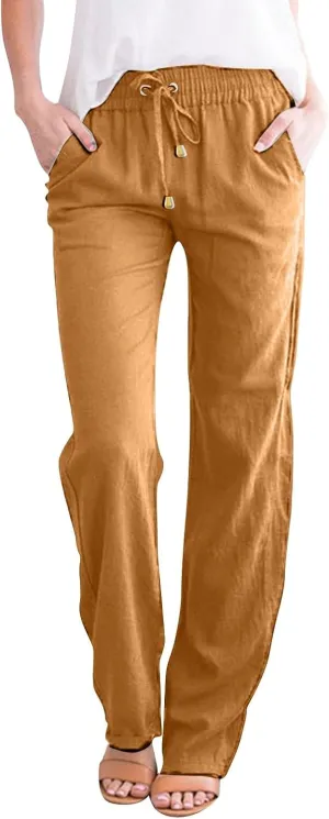 Women's Cotton Linen Pants Summer Beach Wide Leg Casual Slim Fit Drawstring Elastic Waist Palazzo Pants with Pockets