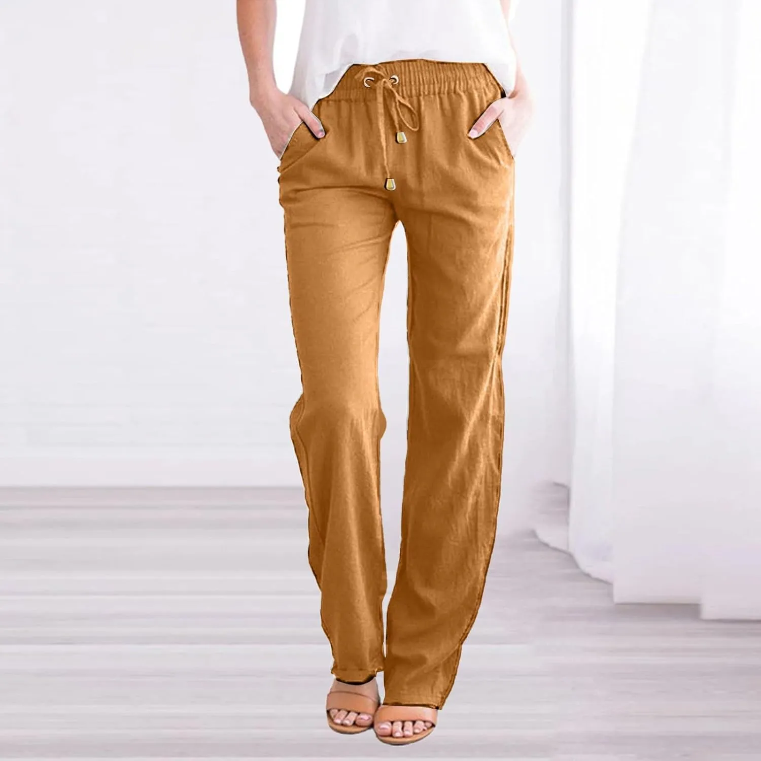 Women's Cotton Linen Pants Summer Beach Wide Leg Casual Slim Fit Drawstring Elastic Waist Palazzo Pants with Pockets
