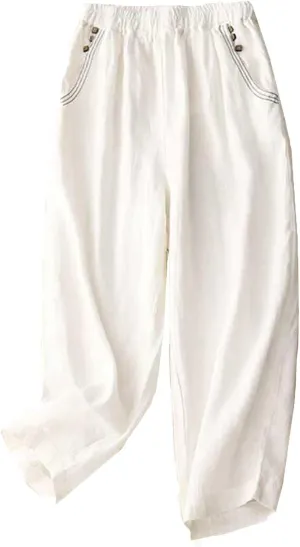 Womens Cotton Linen Trousers, 2025 Summer Beach Palazzo Pants Flowy Drawstring Elastic Waist Wide Leg Lounge Slacks