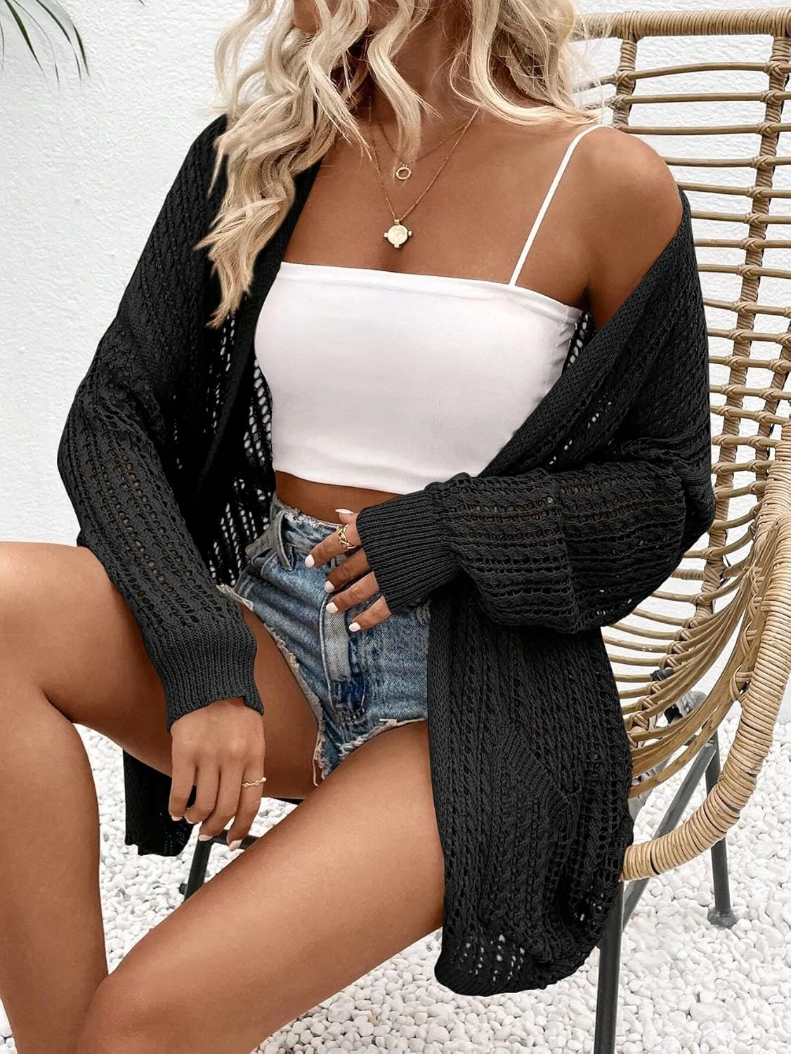 Womens Crochet Cardigan Sweater Lightweight Rib Knit Open Front Sweater Coats Cover Up