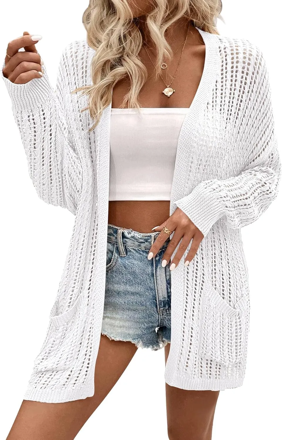Womens Crochet Cardigan Sweater Lightweight Rib Knit Open Front Sweater Coats Cover Up