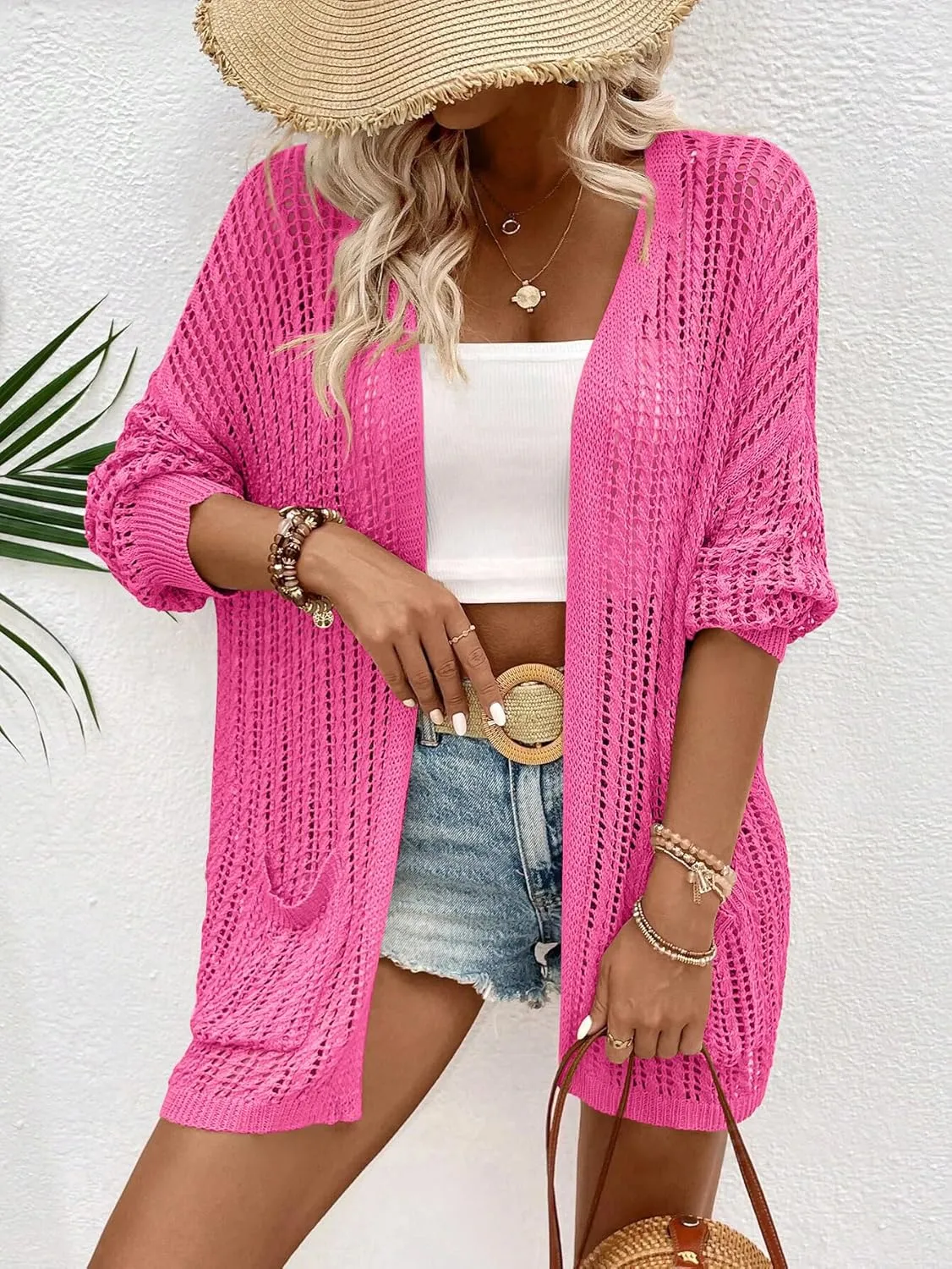 Womens Crochet Cardigan Sweater Lightweight Rib Knit Open Front Sweater Coats Cover Up