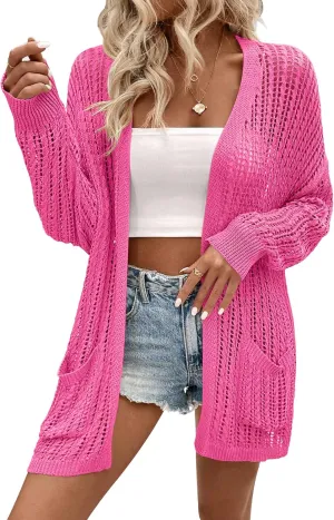 Womens Crochet Cardigan Sweater Lightweight Rib Knit Open Front Sweater Coats Cover Up