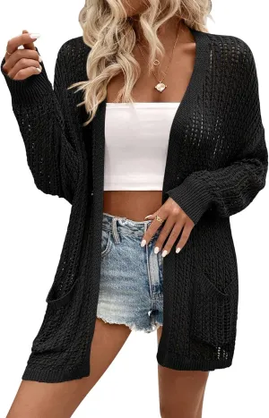 Womens Crochet Cardigan Sweater Lightweight Rib Knit Open Front Sweater Coats Cover Up