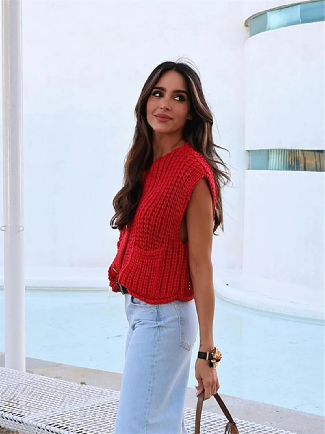 Womens Crochet Knit Top Sleeveless Button Down Crop Top Open Front Sweater Cardigan Vest with Pockets